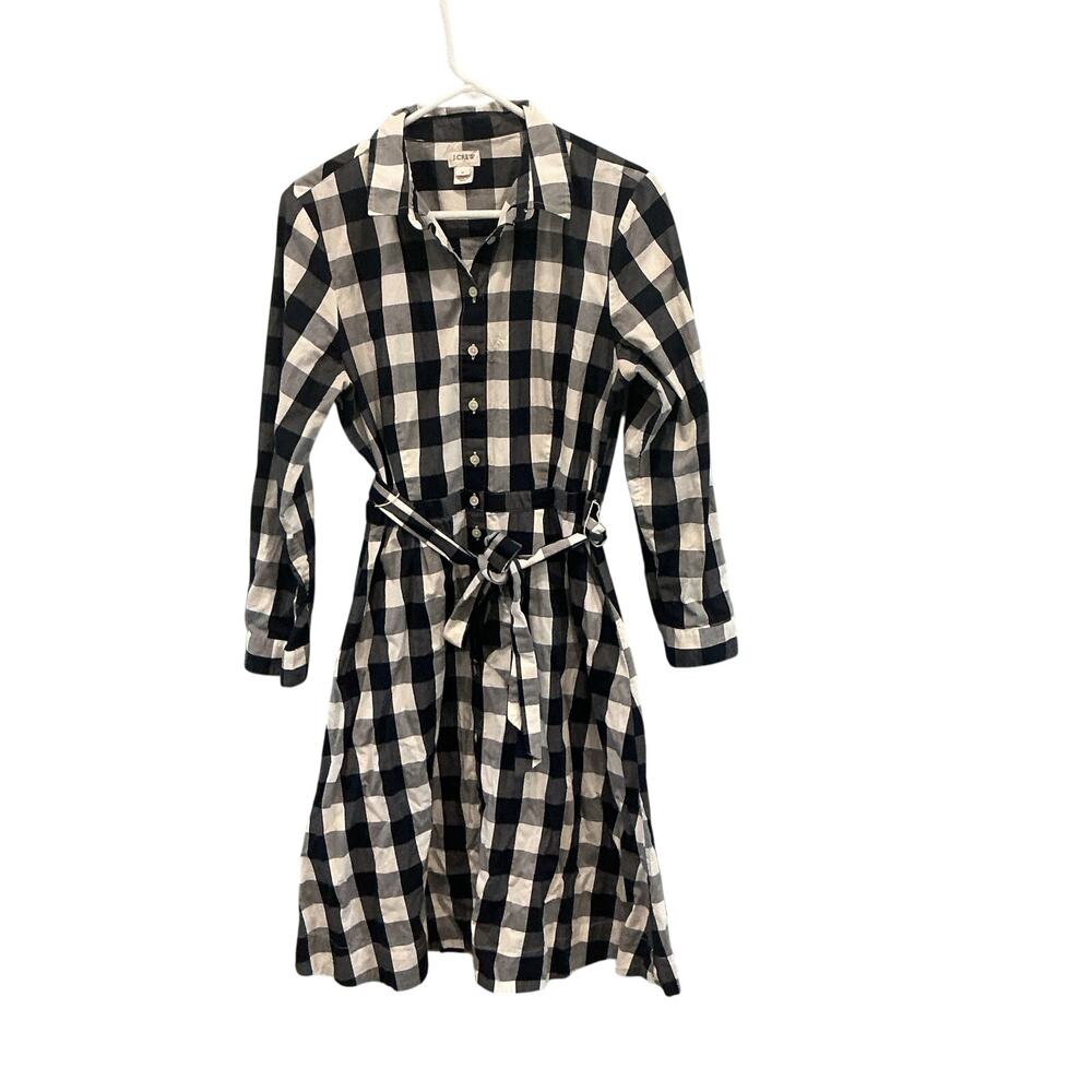 JCrew Womens Poplin Tie Waist Shirt Dress Navy Blue Gingham Preppy Spring Sz 12 - Picture 4 of 13
